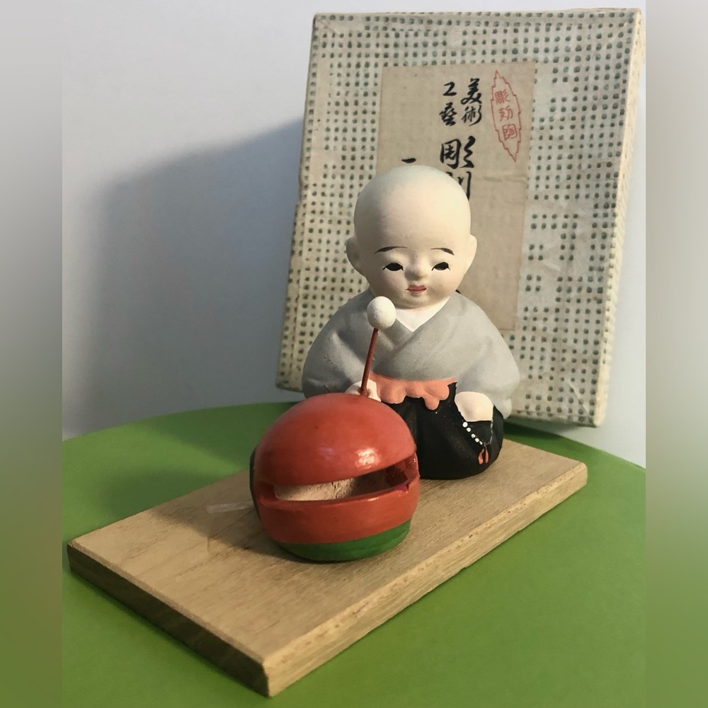 Vintage Japanese Buddhist Monk with Drum - Mallet Stick & Prayer Beads